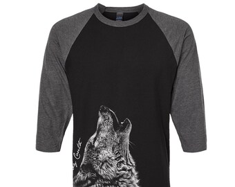 Wolf Tshirt, Baseball Shirt, Unisex Raglan Tshirt,  Animal Shirt, 3/4 Sleeve, Funny Shirt, Birthday Gift, Graphic Tee