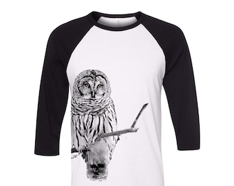 Owl Tshirt, Baseball Shirt, Unisex Raglan Tshirt,  Animal Shirt, 3/4 Sleeve, Bird Shirt, Funny Shirt, Birthday Gift, Graphic Tee
