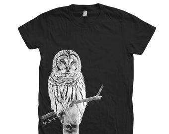 Owl Tshirt, Womens Junior Tshirt, Crew Neck, Cotton T-shirt, Bird Print, Cute Animal Print Tee, Graphic Tee, Bird Lover Gift