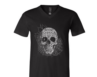 Halloween Tshirt, Mens Tshirt, Unisex Tshirt, Skull Tshirt, V-Neck, Screen Print, Halloween Costume, Halloween Gift, Goth Shirt