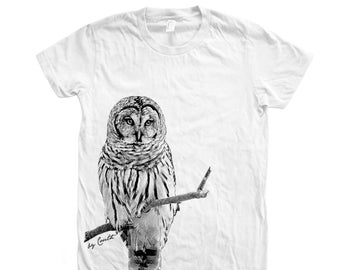 Owl Tshirt, Womens Junior Tshirt, Crew Neck, Cotton T-shirt, Bird Print, Cute Animal Print Tee, Graphic Tee, Bird Lover Gift