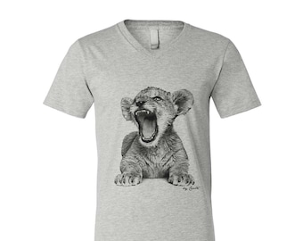 Lion Cub T-shirt, Unisex Tshirt, Men's Graphic Tee, Screen Print Shirt, V-Neck Tshirt, Gift for Dad, Gift for Men, White T-shirt