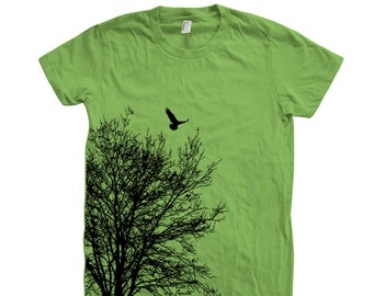 Tree Shirt, Womens Junior Tshirt, Tree Tshirt, Neck, Cotton T-shirt, Bird Shirt, Short Sleeve, Gift for Women, Nature Shirt, Camping Shirt
