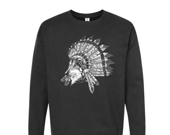 Wolf Sweatshirt, Animal Sweatshirt, Unisex Fleece Crewneck Sweatshirt, Indian Chief Shirt, Nature Shirt, Birthday Gift, Funny Shirt