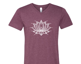 Lotus Flower Mens V-neck T-shirt, Yoga Shirt for Women, Soft Triblend Tshirt, Flower Graphic Tee, Short Sleeve Tshirt