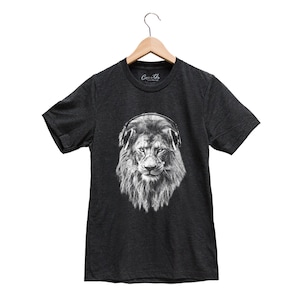 Lion T-shirt, Men's Graphic Tee, Custom Hand Screen Print, Tri-Blend Short Sleeve, Headphone T-shirt, Animal T-shirt, Unisex T-shirt