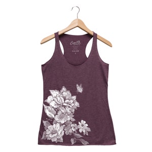 Women&#39;s Tank Top, Flower Print Tank Top, Mother&#39;s Day Gift, Gift for Mom, Gift for Grandma, Triblend Racerback Tank Top, Hand Screen Print