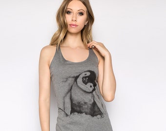 Penguin Tank Top, Women's Tank Top, Cute Animal Print, Baby Emperor Penguin, Triblend Racerback Tank Top, Hand Screen Print