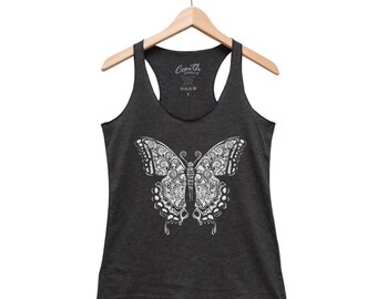 Butterfly Tank Top - Women Tank Top- Insect Tank Top- Graphic Tee- Wife Gift - Triblend Racerback Tank Top - Screen Print - Black Tank Top