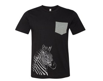 Zebra T-shirt, Men's T-shirt, Unisex T-shirt, Screen Print, Crew Neck, 100% Cotton, Animal Shirt, Pocket T-shirt, Short Sleeve, Nature Shirt