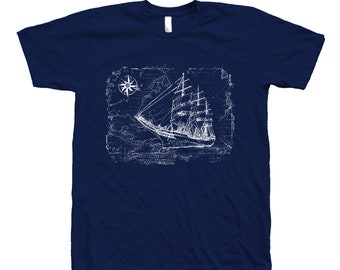 Sailing Ship Tshirt, Mens T-shirt, Unisex T-shirt, Crew Neck, Compass T-shirt, White T-shirt, Map T-shirt, Sea T-shirt