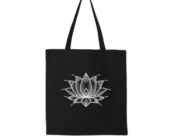 Lotus Cotton Canvas Tote Bag, Gift for Yoga Lover, Cute Beach Bag Gift for Friend Birthday, Screen Print Tote Bag, Grocery Bag, Team Bag