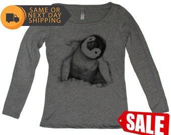 Women Long Sleeve Shirt, Penguin Shirt, Scoop Neck Shirt, Animal Shirt, Graphic Tee, Cute Shirt, Gift for Women, Penguin Lover, Birthday