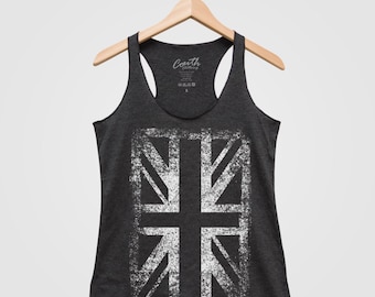 Union Jack Tank Top - Women's Tank Top - UK Flag - Triblend Racerback Tank Top - Screen Print Tank Top - Graphic Tee - Black Tank Top