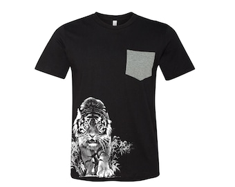Mens Tiger Tshirt - Crew Neck Pocket T-shirt - Graphic Tees Women - Animal Shirt
