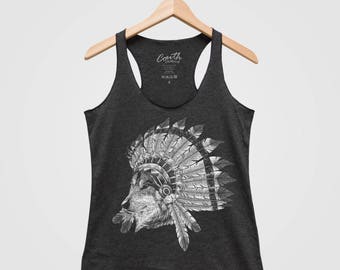 Wolf Tank Top, Indian Chief Shirt, Womens Tank Top, Triblend Racerback Tank Top, Hand Screen Print, Animal Shirt, Summer Clothing, Funny
