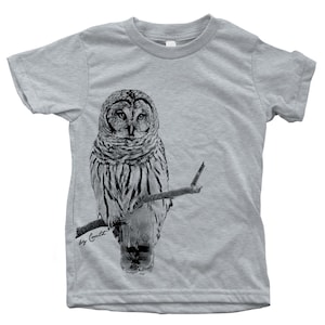 Kids Owl T-shirt: Screen Print Cotton Bird Tee Heather Grey