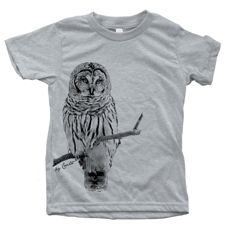 Kids Owl T-shirt: Screen Print Cotton Bird Tee Heather Grey