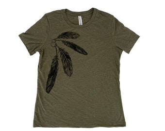 Feather Shirt, Womens Tshirt, Tribal Shirt, Summer Shirt, Screenprint Shirt, Birthday Gift, Graphic Tee