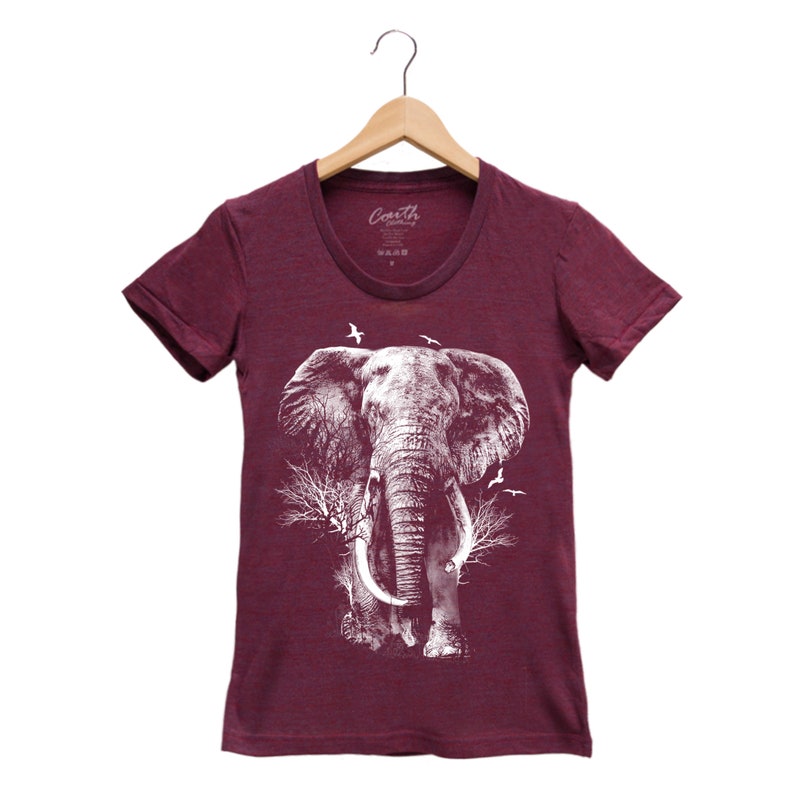 Elephant Junior Shirt, Shirt for Women, T-shirt with Elephant, Gifr for Women, Animal T shirt, Graphic Tee, Yoga Top Maroon