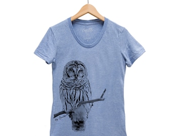 Owl Shirt, Womens Junior Tshirt, Bird Shirt, Summer Shirt, Screenprint Shirt, Animal Shirt, Birthday Gift, Graphic Tee