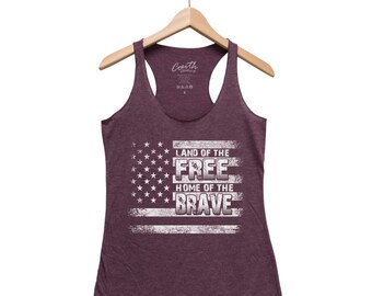 4th of July Tank Top, Land of the Free Home of the Brave, Women's Tank Top, Triblend Racerback Shirt, Hand Screen Print, USA, American Flag