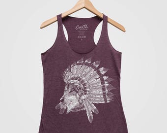 Wolf Tank Top, Indian Chief Shirt, Women's Tank Top, Triblend Racerback Tank Top, Hand Screen Print, Black Tank Top, Animal Tank Top