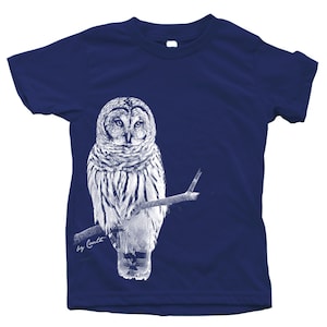 Kids Owl T-shirt: Screen Print Cotton Bird Tee Navy