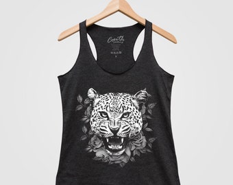 Leopard Tank Top, Women's Tank Top, Triblend Racerback Tank Top. Hand Screen Print, Leopard Print, Animal Design Shirt, Fashion Tank Top