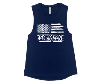 USA Tank Top, Flag Shirt, Womens Muscle Tee, Patriotic Apparel, US America Merica, Summer, Independence Day, Distressed Flag Tanktop