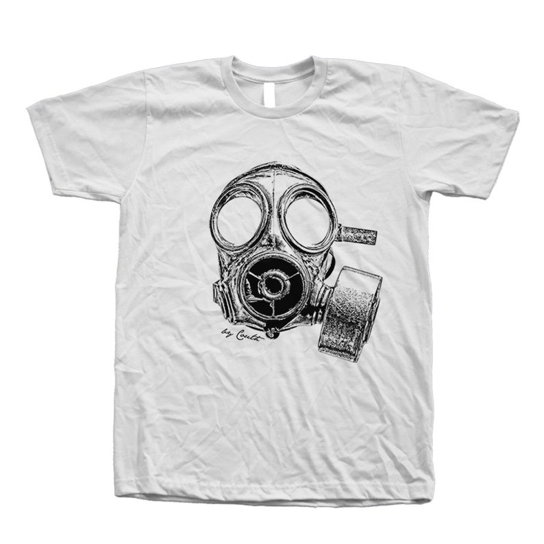 Mens Shirt, Unisex Tshirt, Vintage Gas Mask, Crew Neck Tshirt, Steampunk, Funny Shirt, Military Shirt, Birthday Gift, Graphic Tee White
