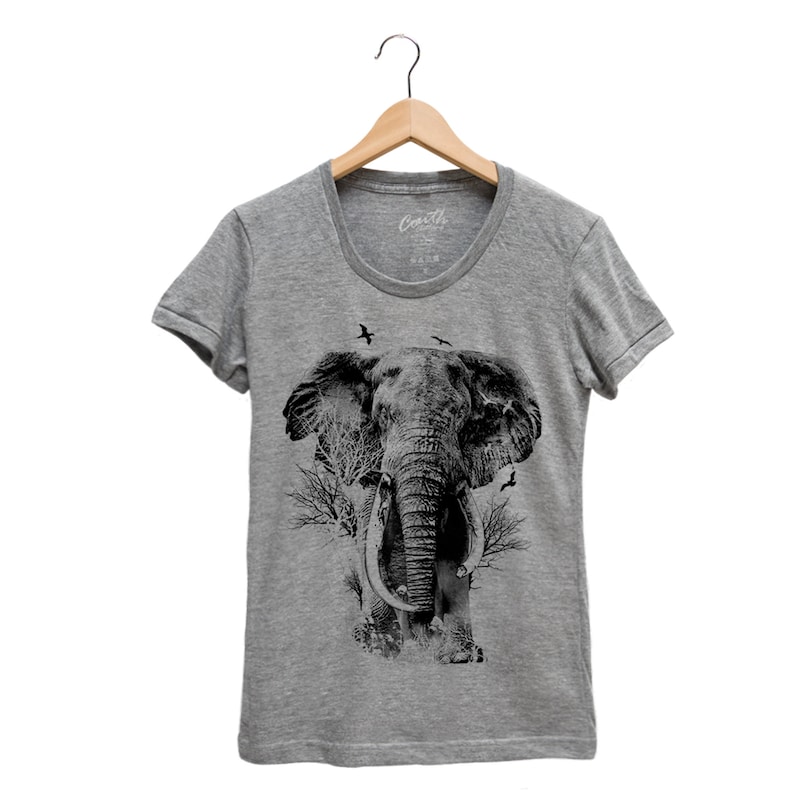 Elephant Junior Shirt, Shirt for Women, T-shirt with Elephant, Gifr for Women, Animal T shirt, Graphic Tee, Yoga Top Gray