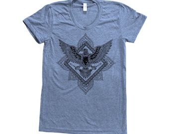 BIRD Paisley Shirt Women Custom Hand Screen Print Tri-Blend Short Sleeve Tshirt