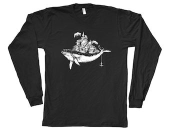Whale Graphic T-Shirt: Long Sleeve Screen Print, Black Crew Neck