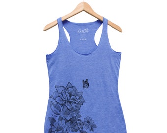 Flower Tank Top - Womens Tank Top - Triblend Racerback - Screen Print - Gift for Women - Butterfly Tank Top - Flowy Tank Top - Racerback