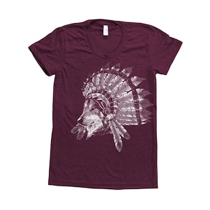 Wolf Shirt, Womens Junior Tshirt, Animal Print Tshirt, Gift for Women, Indian Chief, Tri-Blend Short Sleeve Tshirt, Blue Tshirt