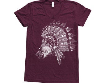Wolf Shirt, Womens Junior Tshirt, Animal Print Tshirt, Gift for Women, Indian Chief, Tri-Blend Short Sleeve Tshirt, Blue Tshirt