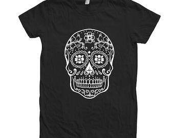 Sugar Skull Halloween Shirt, Womens Junior Shirt, Skeleton Tshirt, Skeleton Shirt, Spooky Skeleton Tshirt, Halloween Tshirt, Black Tshirt