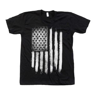Mens black short sleeve crew neck tshirt with screen print distressed American Flag design for 4th of July