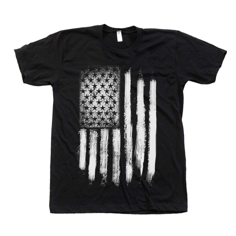 Mens black short sleeve crew neck tshirt with screen print distressed American Flag design for 4th of July