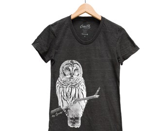 Owl Shirt, Womens Junior Tshirt, Bird Shirt, Summer Shirt, Screenprint Shirt, Animal Shirt, Birthday Gift, Graphic Tee