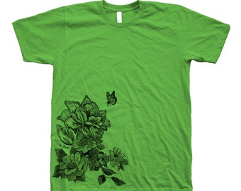 Flower Tshirt, Unisex T-shirt, Mens Tshirt, Nature Tshirt, Green T-shirt, Nature T-shirt, Bird T-shirt, 100% Cotton, Summer Shirt