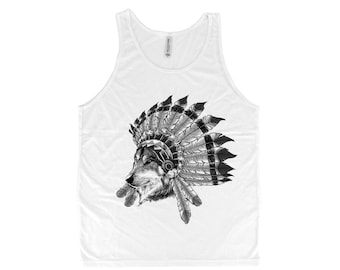 Mens Wolf Tank Top - Animal Graphic Tee - Indian Chief Shirt - Funny Womens Shirt - Nature Shirt