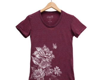 Flower Shirt, Women Junior T-shirt, Scoop Neck, Custom Hand Screen Print, Tri-Blend Graphic Tee, Short Sleeve Tshirt, Floral Shirt