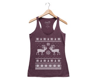 Christmas Ugly Sweater Women Tank Top Triblend Racerback Tank Top Hand Screen Printed