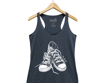 Women's Tank Top, Sneakers Print, Triblend Racerback Top, Graphic Tee, Hand Screen Print, Women's Fashion, Daily Look, Flowy Tank