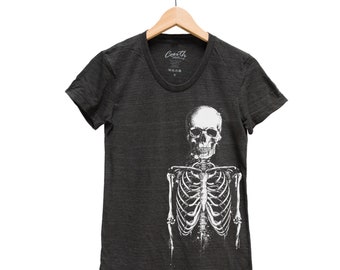 Skeleton Tshirt, Womens Junior Tshirt, Halloween Shirt, Screen Print, Short Sleeve Tshirt, Black T-shirt, Halloween Costume, Party T-shirt