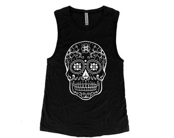 Sugar Skull Halloween Shirt, Muscle Tank Top, Women Tank Top, Halloween Costume Shirt, Black Tank Top, Gothic, Funny Shirt, Graphic Tee