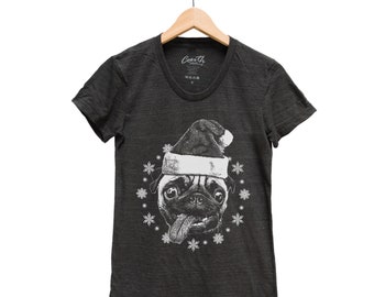 Christmas Junior Shirt for Women, Santa T-shirt, Pug Shirt, Shirt Girl, Animal Shirt, Christmas Gift, Pug Face Shirt, Funny Animal Tshirt