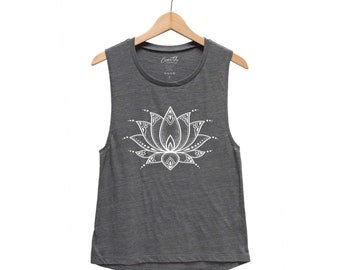 Women Tank Top, Ready to Ship Size Medium, Lotus Flower Tank, Muscle Tee, Yoga Tank, Summer Shirt, Vacay Shirt, Gift for Women